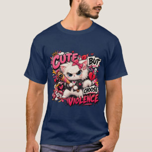 Schattig Maar Kies Geweld Boze Witte Kat Grappige T-shirt