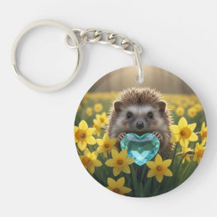 Schattig maart egel met aquamarijn hart sleutelhanger
