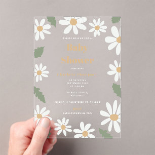 Schattig Madeliefje Bloem Baby Shower Meisje Roze Acryl Uitnodigingen
