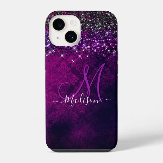 Schattig magenta zwart nepschitterend monogram iPhone hoesje (Achterkant)