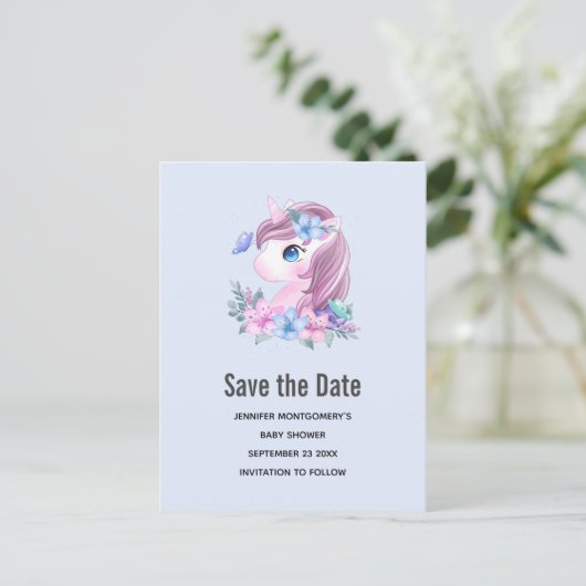 Schattig & Magisch Baby Eenhoorn Bewaar de Datum Uitnodiging Briefkaart (Staand voorkant)