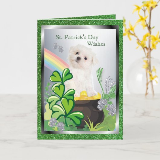 Schattig Maltees Puppy - St. Patrick het Bericht Kaart (Gele Bloem)