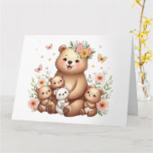 Schattig mama beer met vier welpen kaart (Gele Bloem)
