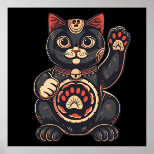 schattig Maneki Neko kat print getekend Japans