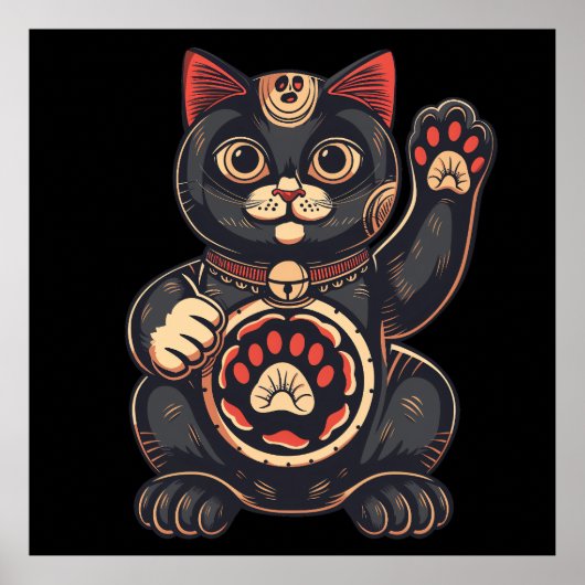 schattig Maneki Neko kat print getekend Japans (Voorkant)