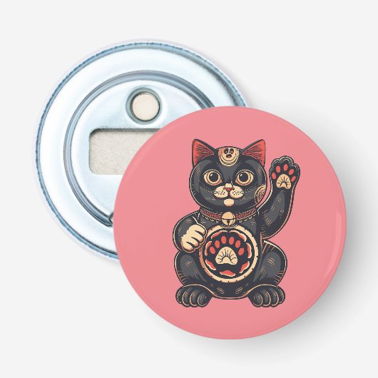 schattig Maneki Neko kat print getekend Japans Button Flesopener (Voorkant)