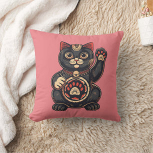 schattig Maneki Neko kat print getekend Japans Kussen