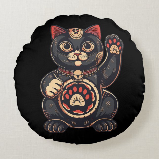 schattig Maneki Neko kat print getekend Japans Rond Kussen (Voorkant)