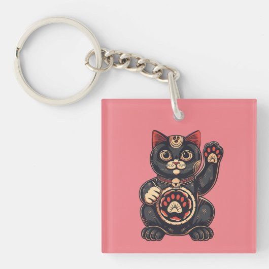 schattig Maneki Neko kat print getekend Japans Sleutelhanger (voorkant)
