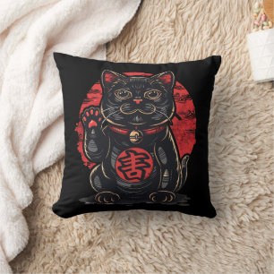 schattig Maneki Neko kat print getekend Japans sym Kussen