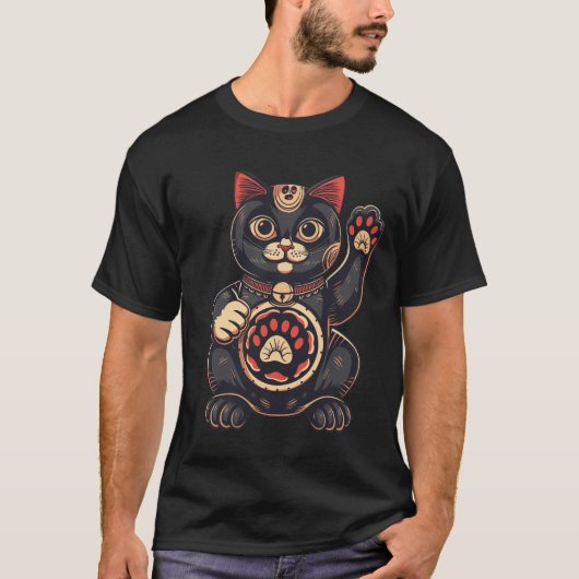 schattig Maneki Neko kat print getekend Japans T-shirt (Voorkant)