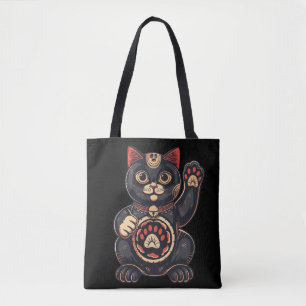 schattig Maneki Neko kat print getekend Japans Tote Bag