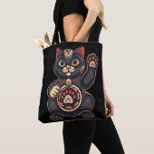 schattig Maneki Neko kat print getekend Japans Tote Bag (Dichtbij)