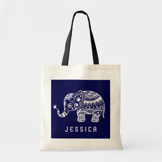 Schattig marineblauw & wit bloemenolifant tote bag (Voorkant)