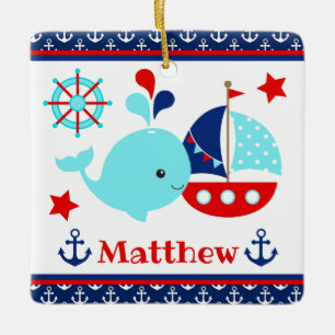 Schattig maritiem blauw walvis- en ankerpatroon keramisch ornament