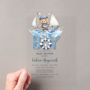 Schattig maritiem blauwe boot teddybeer jongetje b acryl uitnodigingen