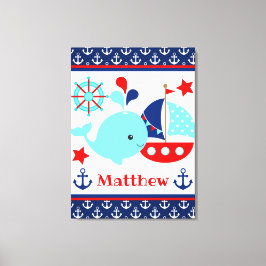 Schattig maritiem blauwe walvis en ankerpatroon canvas afdruk