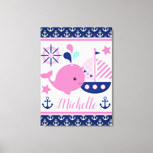 Schattig maritiem roze walvis- en ankerpatroon canvas afdruk