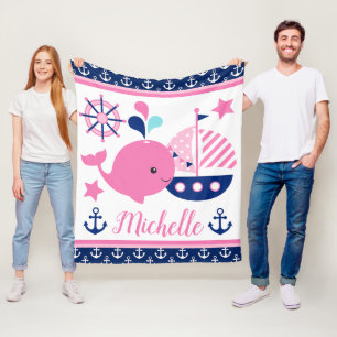 Schattig maritiem roze walvis- en ankerpatroon fleece deken