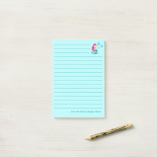 Schattig Meerminnetje Aangepaste Teal Omrande Stra Post-it® Notes (Op bureau)