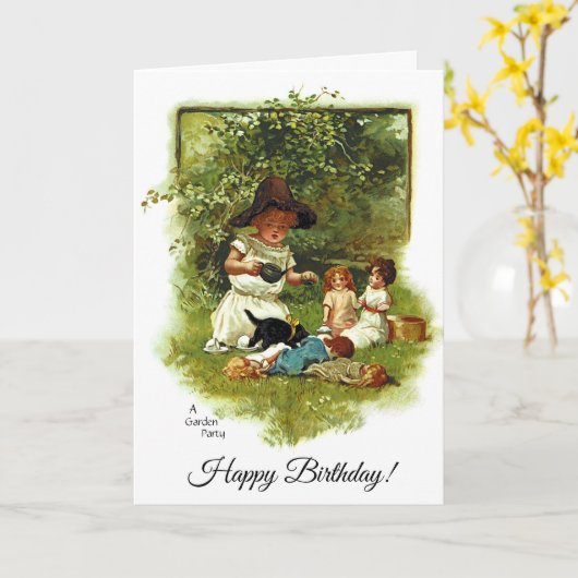  schattig meisje bij de tuin verjaardag kaart (Gele Bloem)