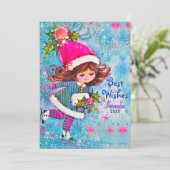  schattig meisje blauw glitter kerst groet feestdagenkaart (Staand voorkant)