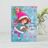  schattig meisje blauw glitter kerstfeest kaart (Staand voorkant)