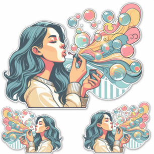 schattig meisje blazen bubbels cartoon illustratie sticker