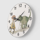 Schattig meisje dat in dinosaurus wandklok loopt (Hoek)