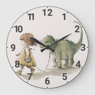 Schattig meisje dat in dinosaurus wandklok loopt