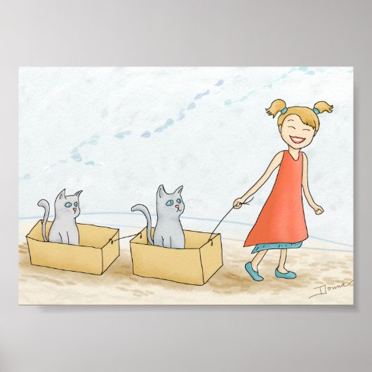 Schattig Meisje dat Katten Laten Lopen Grafisch Poster (Voorkant)