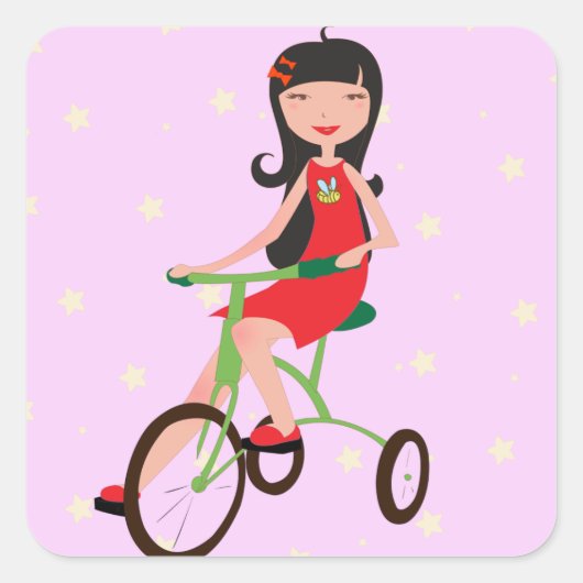 Schattig Meisje dat op een Driewieler rijdt Cartoo Vierkante Sticker (Voorkant)