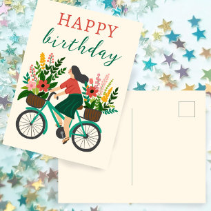 Schattig meisje dat op een fiets rijdt met bloemen briefkaart