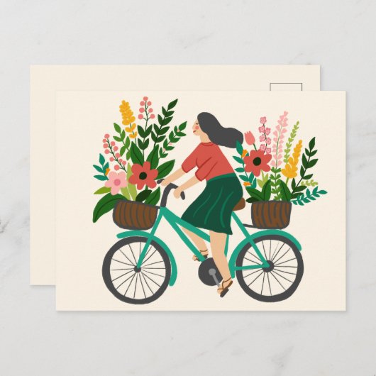 Schattig meisje dat op een fiets rijdt met bloemen briefkaart (Voorkant / Achterkant)