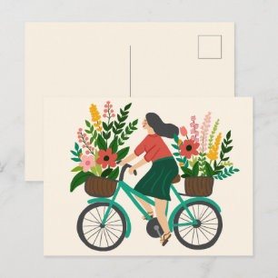 Schattig Meisje dat op een Fiets rijdt met Bloemen Briefkaart