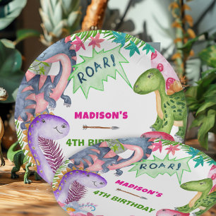 Schattig meisje dinosaurus 4e verjaardagsfeest papieren bordje