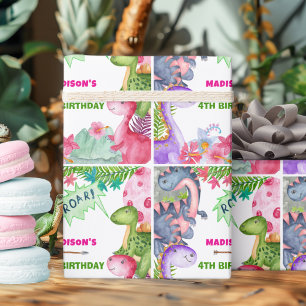 Schattig meisje dinosaurus 4e verjaardagsfeestje cadeaupapier