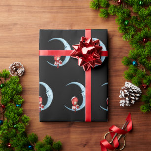 Schattig Meisje Elf Zittend op Maan Zwart Kerstmis Cadeaupapier