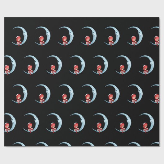 Schattig Meisje Elf Zittend op Maan Zwart Kerstmis Cadeaupapier (Vlak)