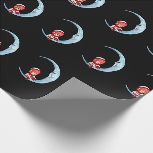 Schattig Meisje Elf Zittend op Maan Zwart Kerstmis Cadeaupapier (Hoek)