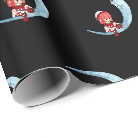 Schattig Meisje Elf Zittend op Maan Zwart Kerstmis Cadeaupapier (Rol Hoek)