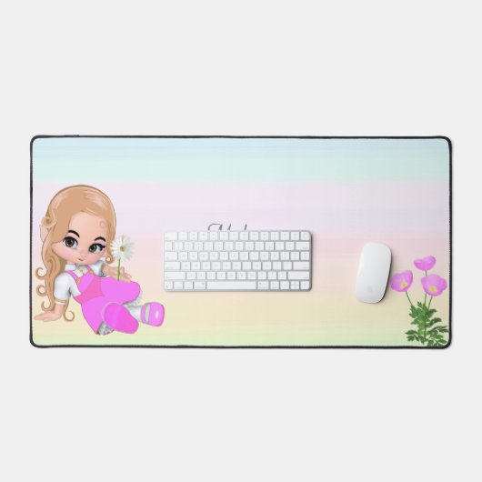 Schattig meisje en bloemen op pastel kleuren bureaumat (Keyboard & Muis)