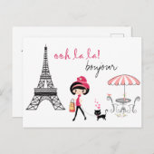 Schattig Meisje en Kat in Parijs Eiffeltoren Bonjo Briefkaart (Voorkant / Achterkant)