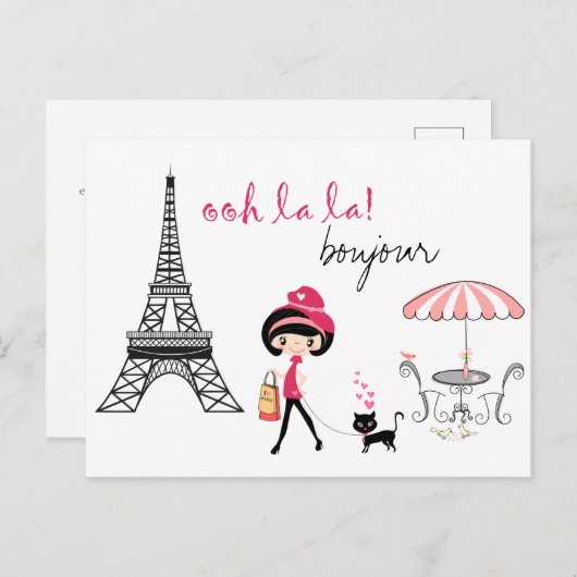 Schattig Meisje en Kat in Parijs Eiffeltoren Bonjo Briefkaart (Voorkant / Achterkant)
