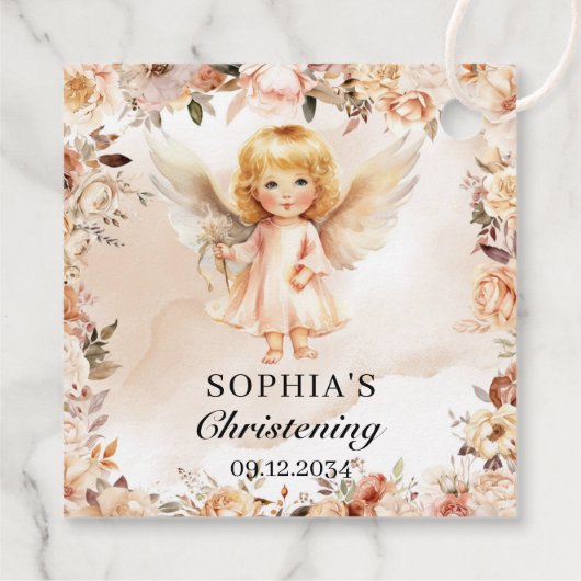 Schattig meisje engel blozen en ivoor bloemen Doop Bedankjes Labels (Achterkant)