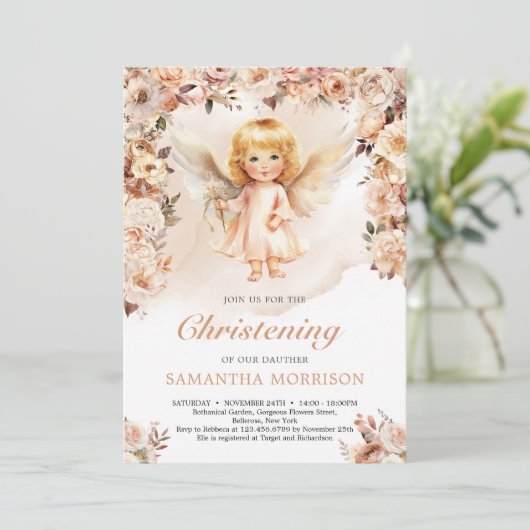 Schattig meisje engel en blozen en ivoren bloemen kaart (Staand voorkant)