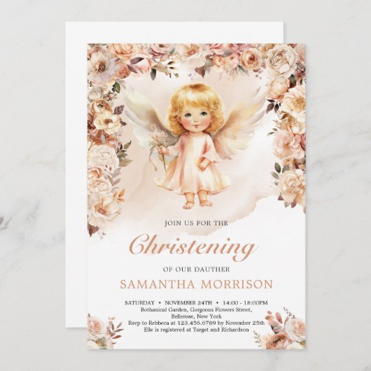 Schattig meisje engel en blozen en ivoren bloemen kaart (Voorkant / Achterkant)