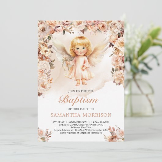 Schattig meisje engel en blozen en ivoren bloemen kaart (Staand voorkant)