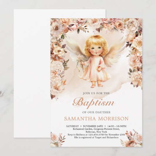 Schattig meisje engel en blozen en ivoren bloemen kaart (Voorkant / Achterkant)