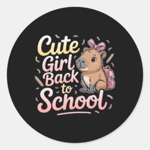Schattig Meisje Gaat Naar School Capyra Eerste Dag Ronde Sticker